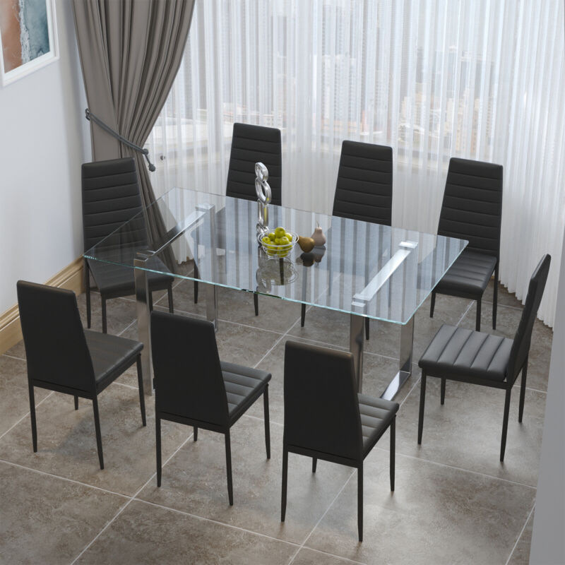 4/6/8Seater Faux Leather Dining Chair SquareBase Tempered Glass Dining Table Set