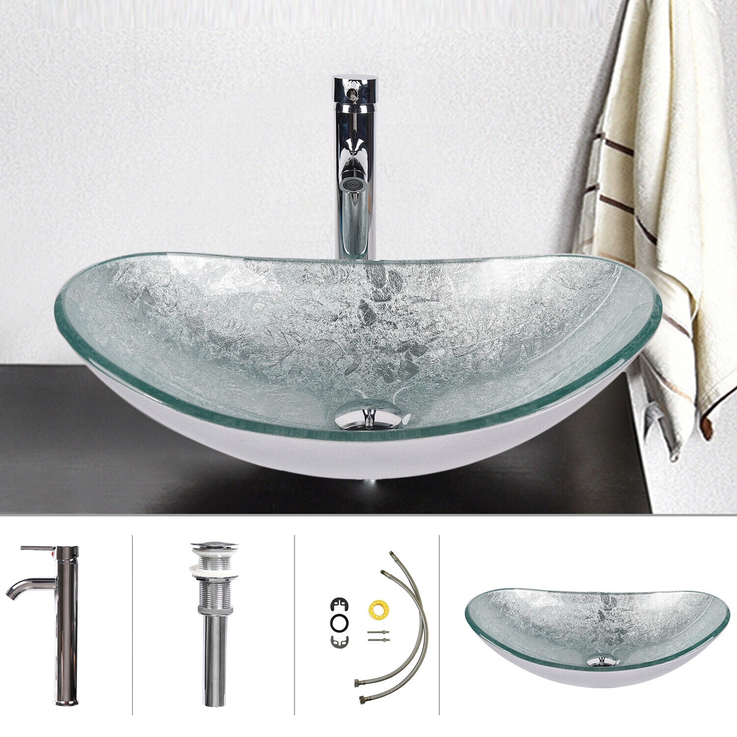 Bathroom Countertop Basin Sink Tempered Glass Wash Bowl Set w/ Tap Pop-up Waste