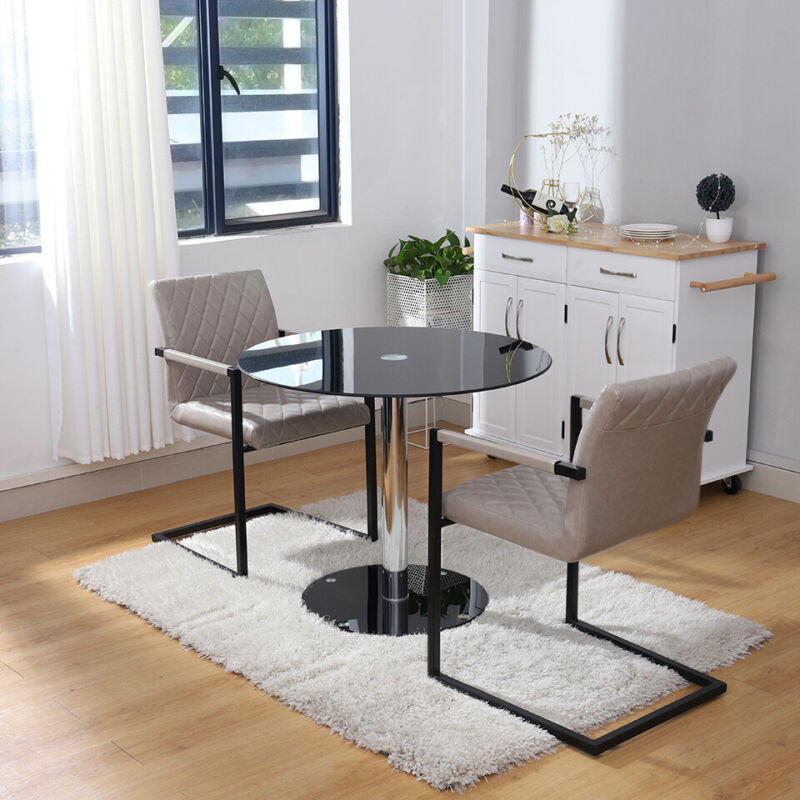High Gloss Dining Table Set Glass with Faux Leather Industrial Style Chairs Seat