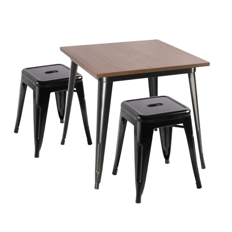 SOLID WOOD TOP SQUARE METAL DINING TABLE WITH 2/4 CHAIRS STOOL INDUSTRIAL STYLE
