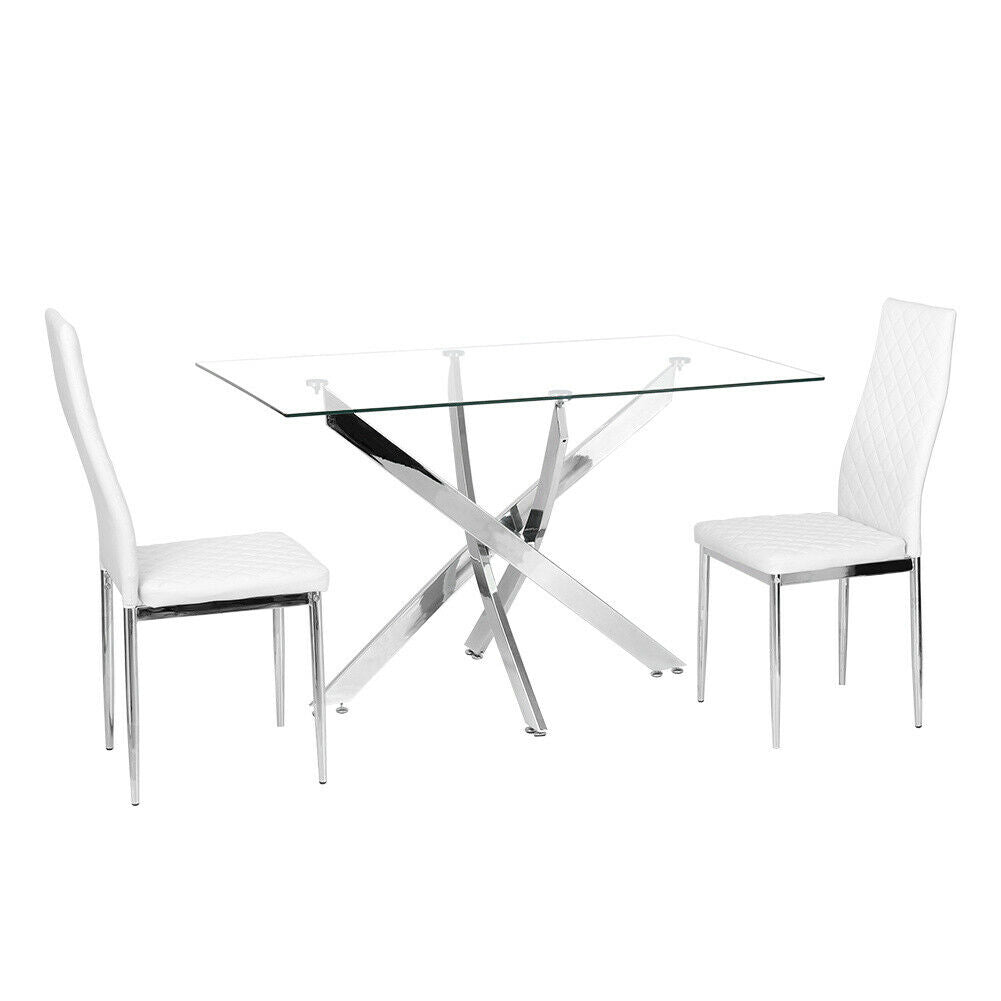 Rectangle Cross Glass Dining Table + 2/4 Faux Leather Chrome Chairs Set