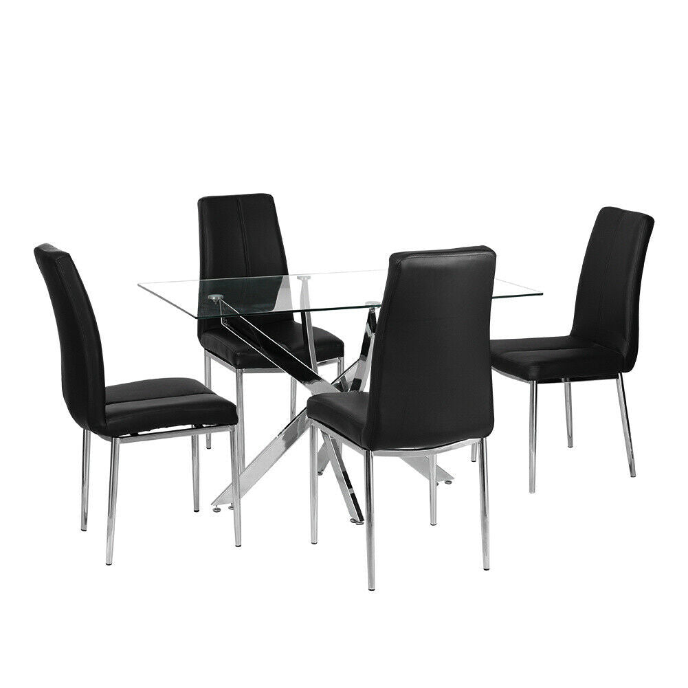Rectangle Cross Glass Dining Table + 2/4 Faux Leather Chrome Chairs Set