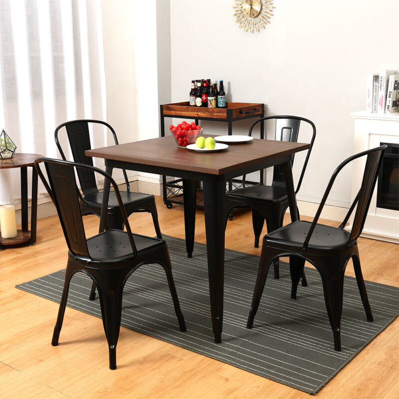 SOLID WOOD TOP SQUARE METAL DINING TABLE WITH 2/4 CHAIRS STOOL INDUSTRIAL STYLE