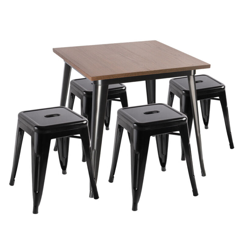 SOLID WOOD TOP SQUARE METAL DINING TABLE WITH 2/4 CHAIRS STOOL INDUSTRIAL STYLE
