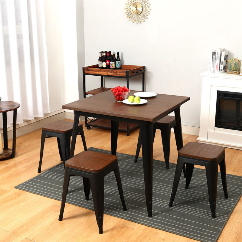 SOLID WOOD TOP SQUARE METAL DINING TABLE WITH 2/4 CHAIRS STOOL INDUSTRIAL STYLE