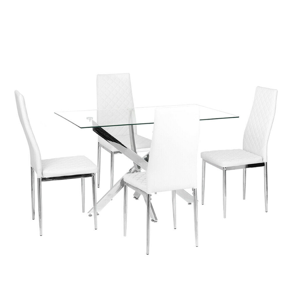 Rectangle Cross Glass Dining Table + 2/4 Faux Leather Chrome Chairs Set