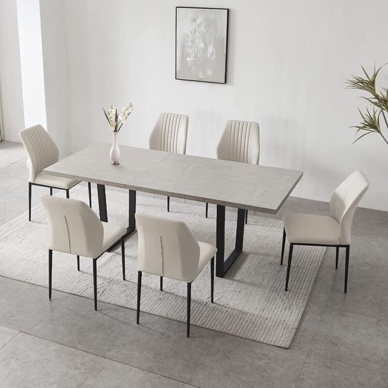 Modern Extendable MDF Wooden Dining Table PU Leather Chair Set For 6-8 Metal Leg