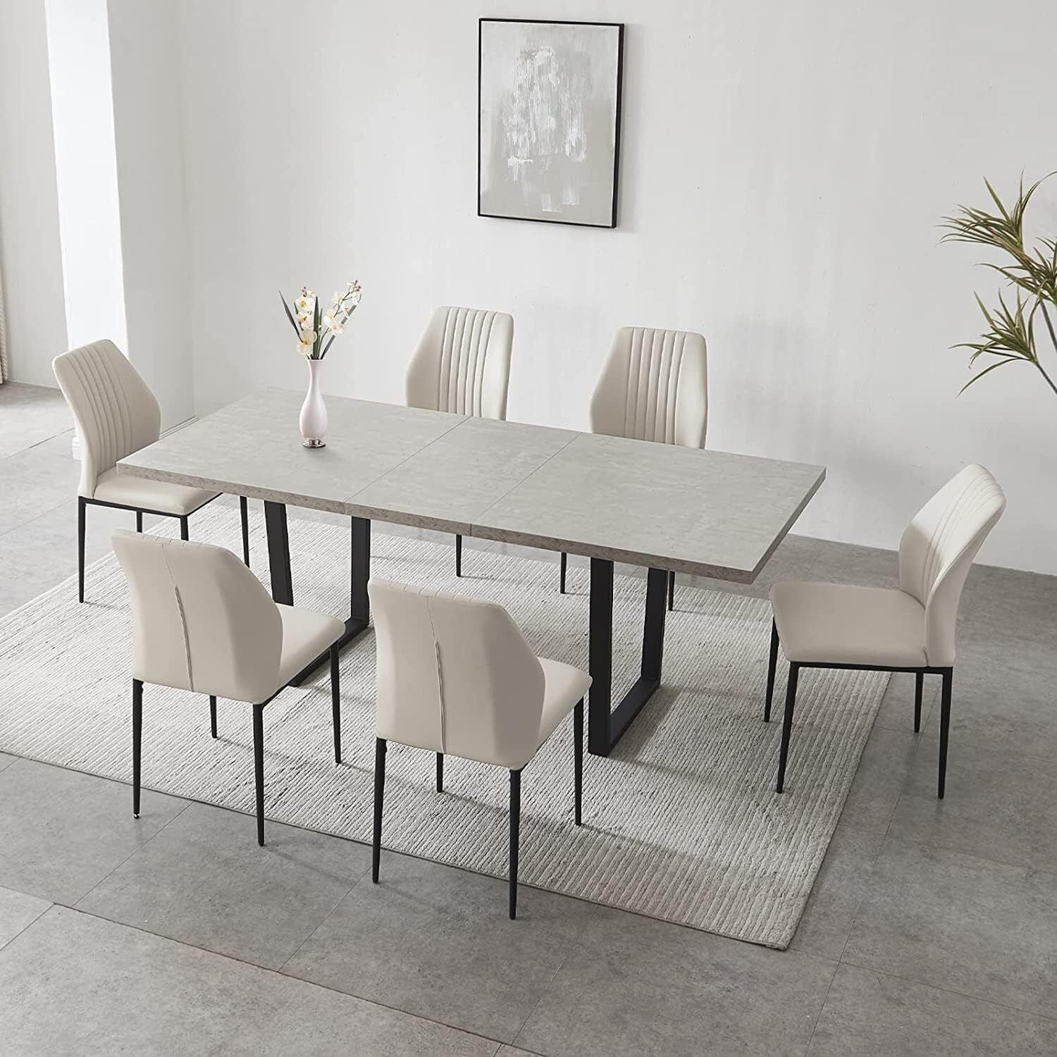 Modern Extendable MDF Wooden Dining Table Chair Set For 6-8 w/ Metal Leg