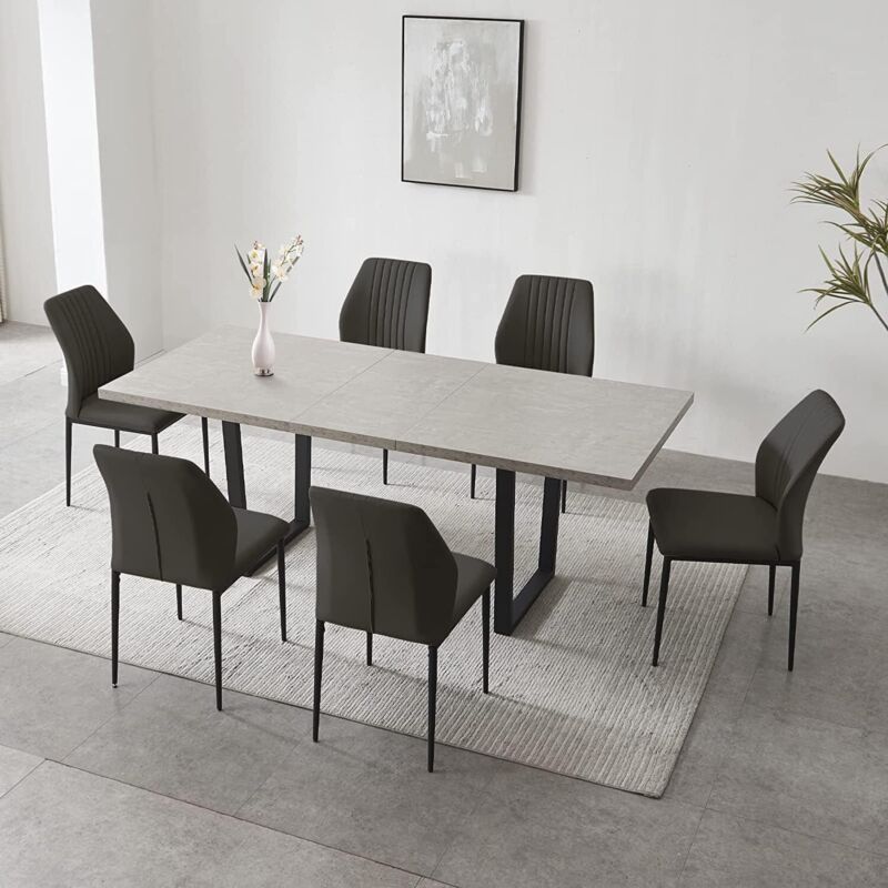 Modern Extendable MDF Wooden Dining Table PU Leather Chair Set For 6-8 Metal Leg