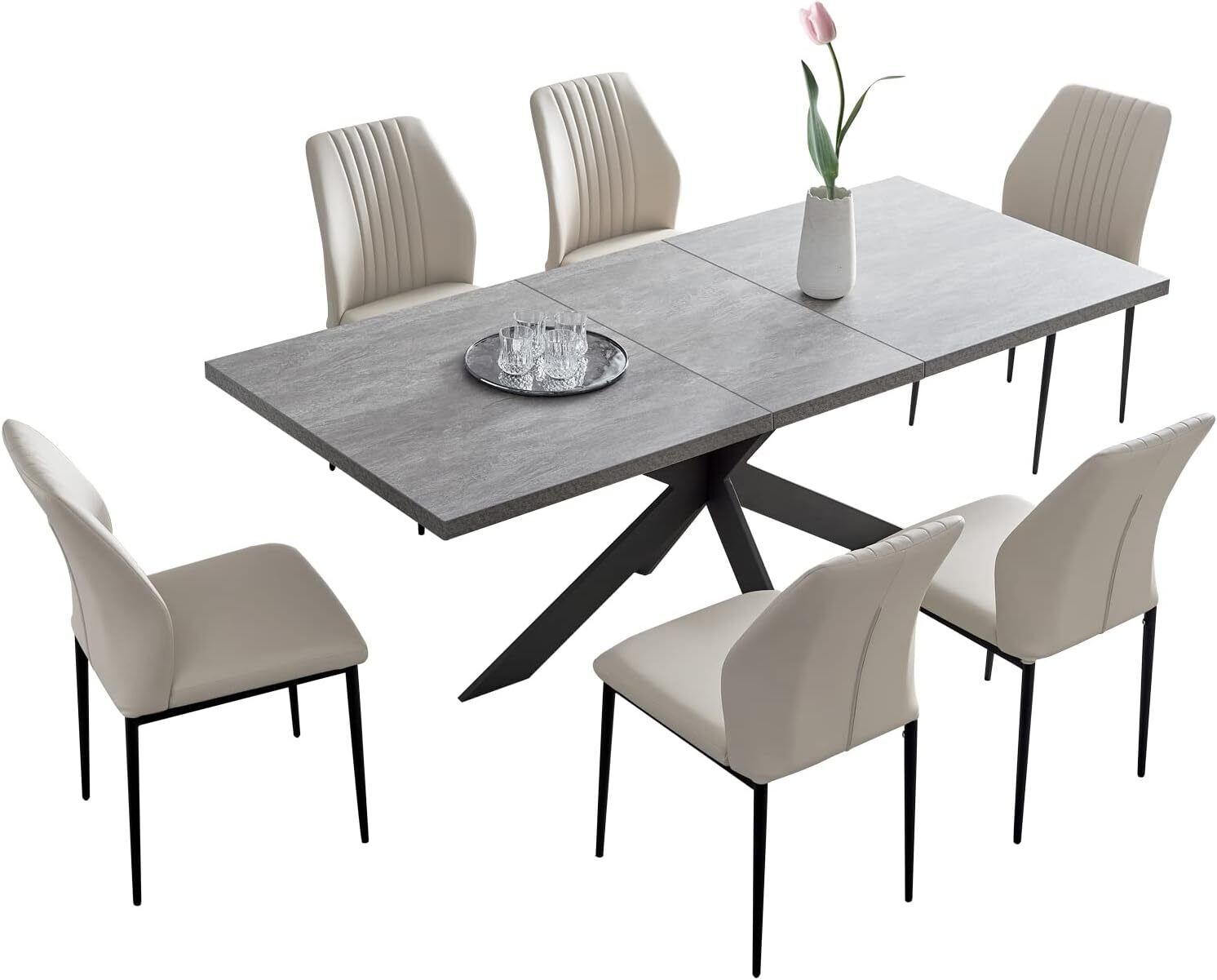 MDF Dining Table and PU Leather Chairs Set Middle Butterfly Extension Leaf Table