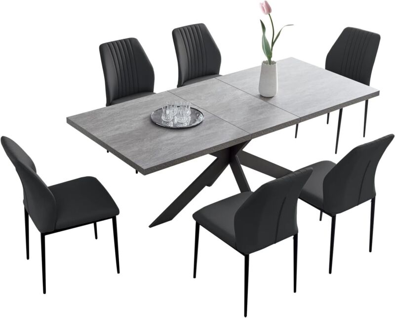 jiexi MDF Dining Table and PU Leather Chairs w/ Middle Butterfly Extension Leaf