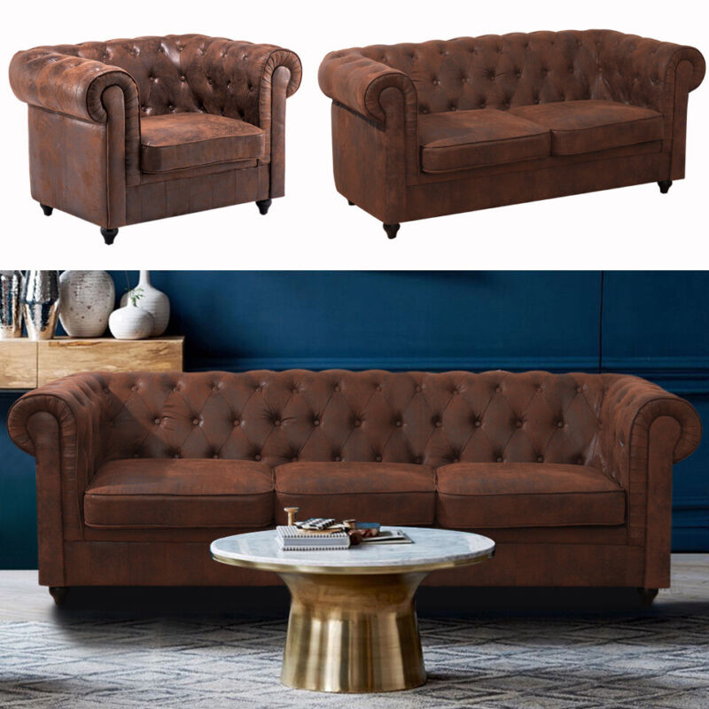 Retro Upholstered Chesterfield Tan Leather 3+2+1 Seater Sofa Settee Suite Couch