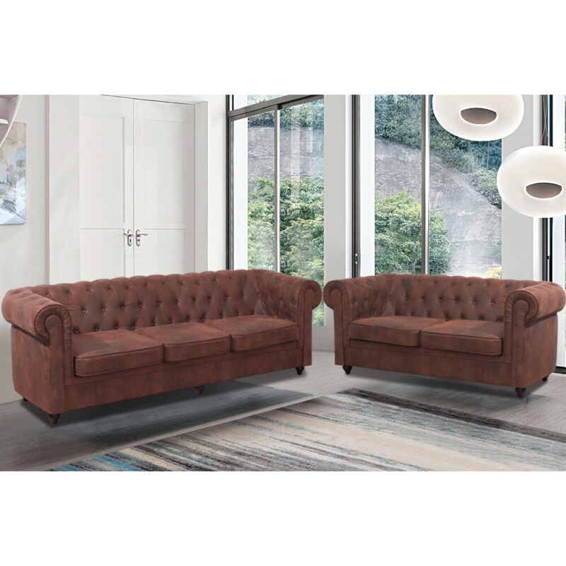 Retro Upholstered Chesterfield Tan Leather 3+2+1 Seater Sofa Settee Suite Couch