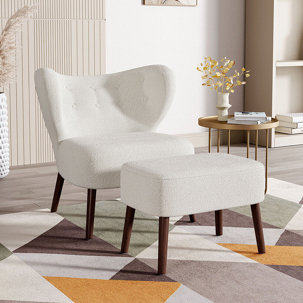 Fabric Armchair Sofa Buttoned High Back Upholstered with Foot Stool Accent Chair