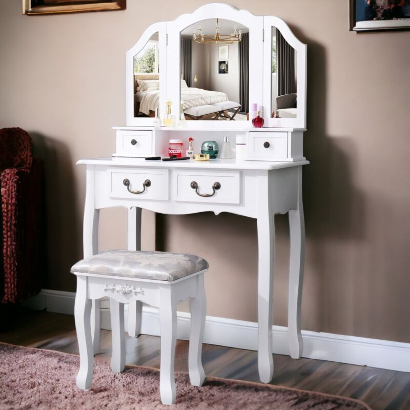Dressing Table With Drawer Mirror & Stool Set Makeup Desk Vanity Table Bedroom