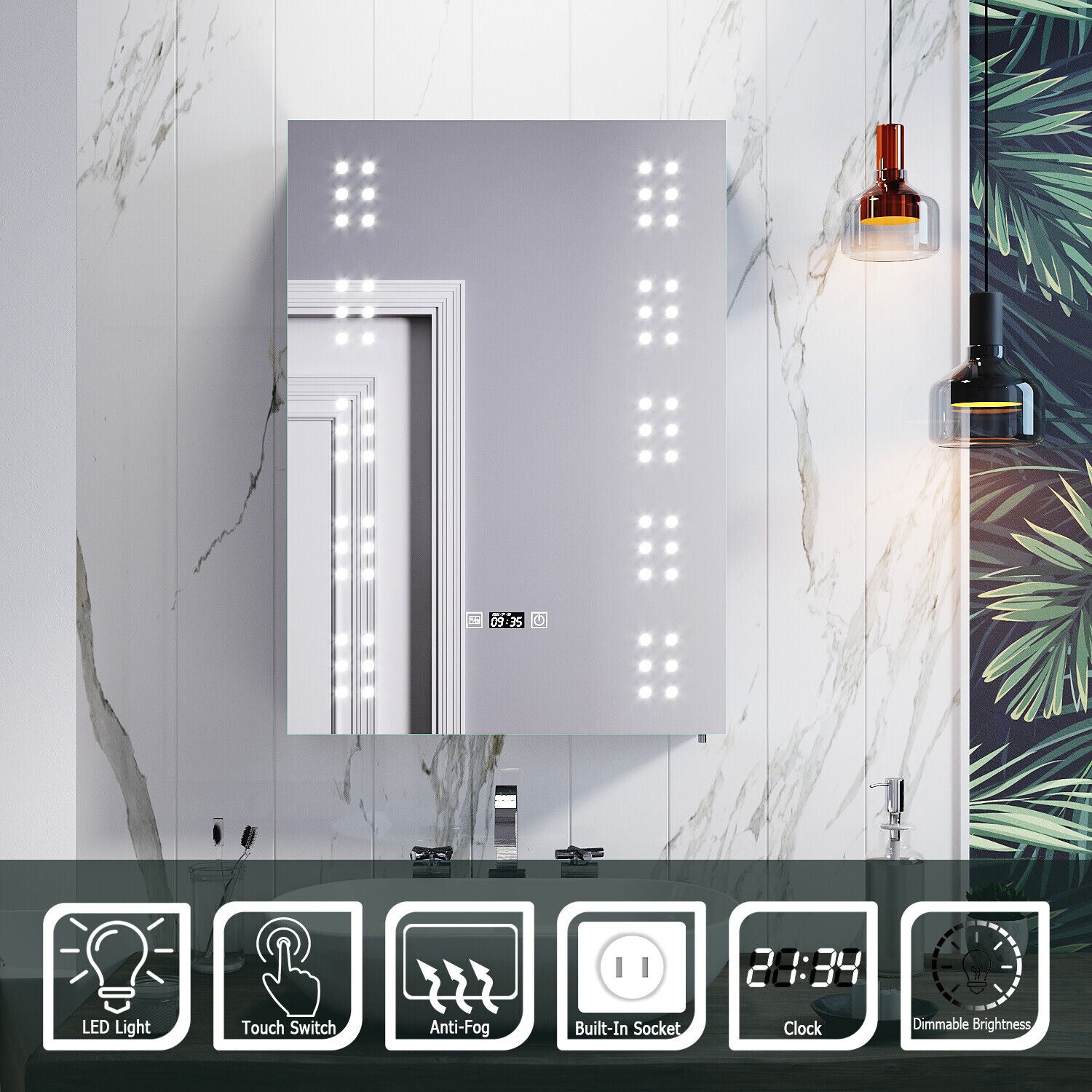 LED Bathroom Mirror Cabinet With Shaver Socket Demister Illluminated Lights IP44