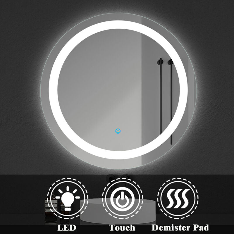 Illmiunated Round LED Bathroom Mirror Single Touch Fogless Cold White Light Wall