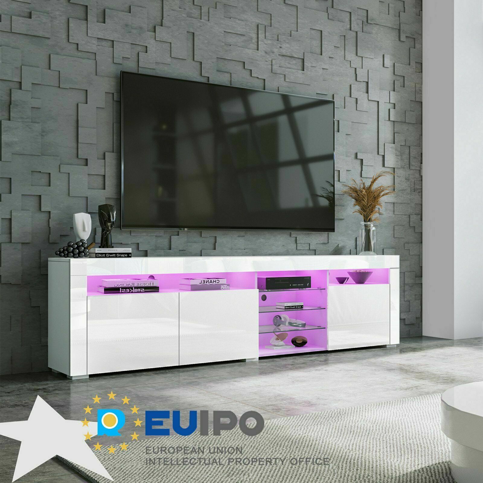 Modern TV Unit Cabinet TV Stand Sideboard - White High Gloss Front LED Lights