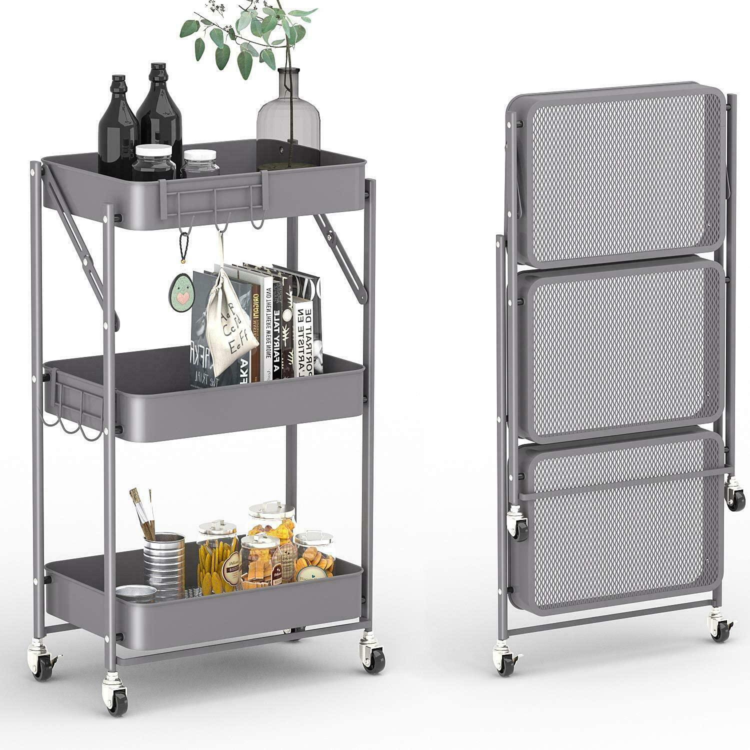 3 Tier Kitchen Trolley Cart Handle Slim Rolling Wheel Storage Basket Rack Salon
