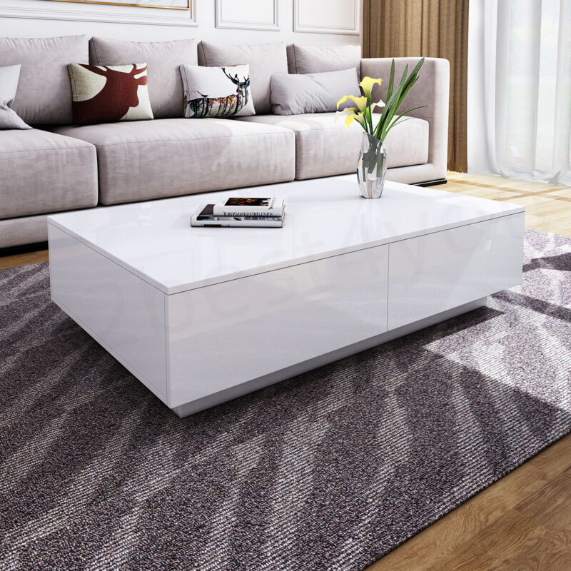 Modern High Gloss Coffee Table With Storage Drawer For Living Room White Black