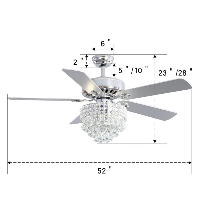 52" LED Crystal Ceiling Fan Light Retractable Blades Chandelier + Remote Control