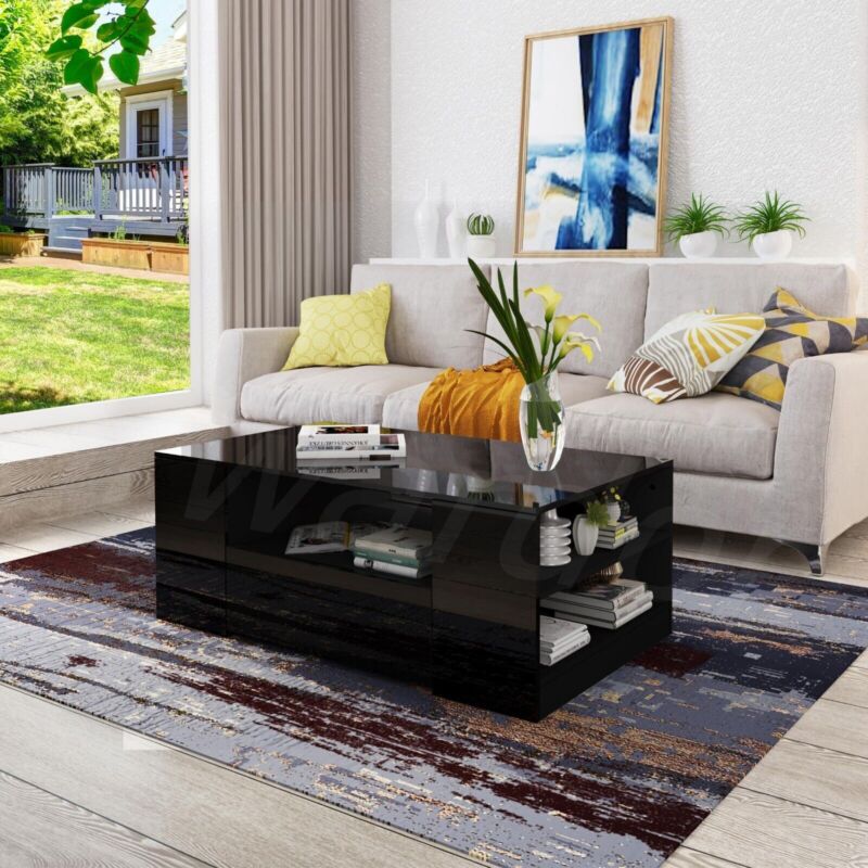 Modern High Gloss Coffee Table With Storage Drawer For Living Room White Black