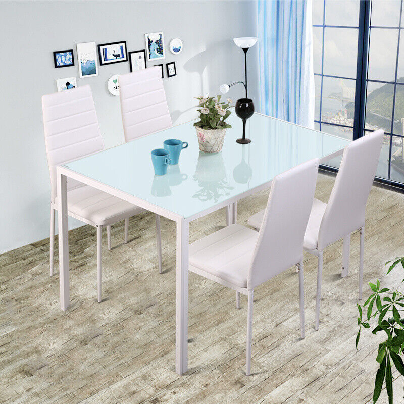 Metal Framed Tempered Glass Top Dining Table Faux Leather Chairs Set Black/White