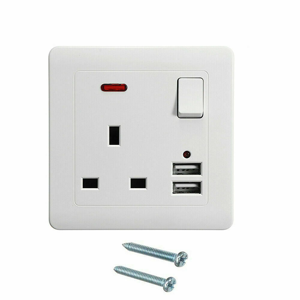 Double Wall Plug Socket 2 Gang 13A w/ USB Charger Port Outlets Black/White Plate