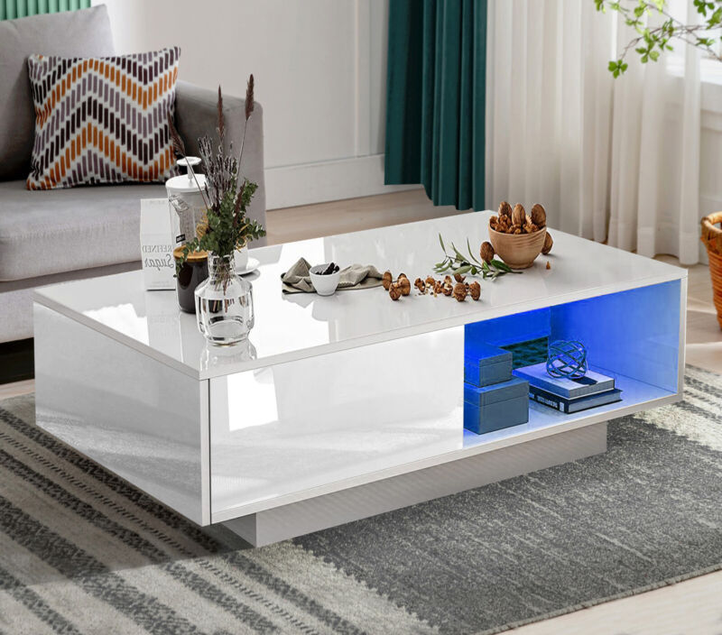 Room Led Table Design Wooden LED Coffee Table With Storage High Gloss Drawers Living Room ...