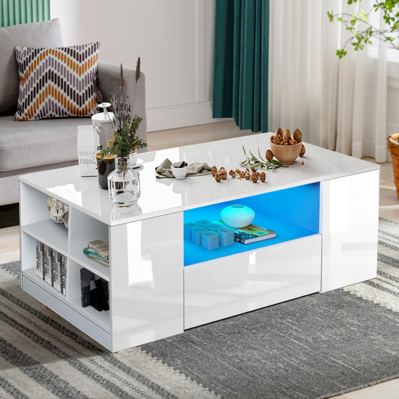 High Gloss Coffee Table With Storage 2 Drawers Living Room Furniture Led Lights