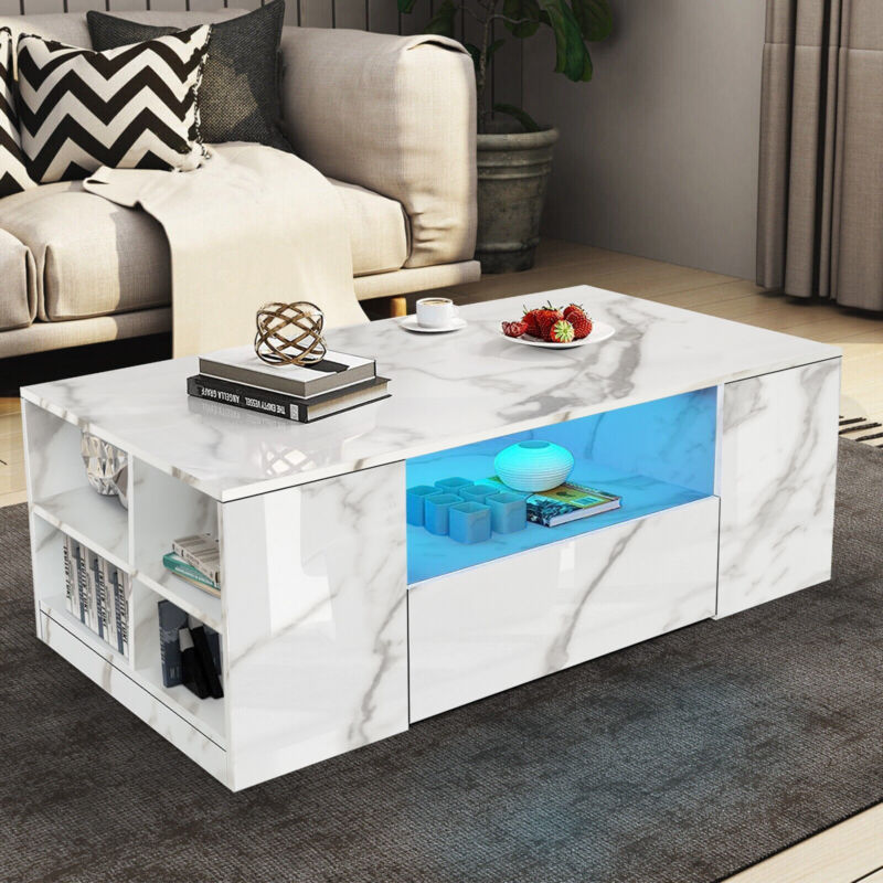 High Gloss Coffee Table With Storage 2 Drawers Living Room Furniture Led Lights