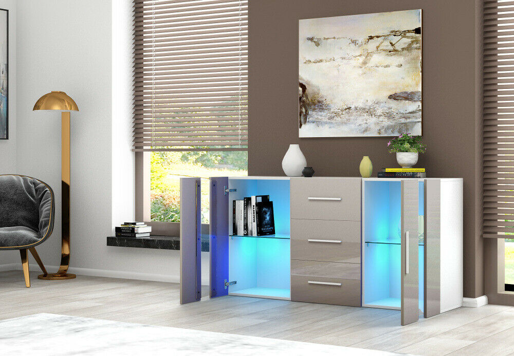 Sideboard Storage Cabinet Cupboards 3 Drawers 2 Doors TV Stand Unit LED Lights