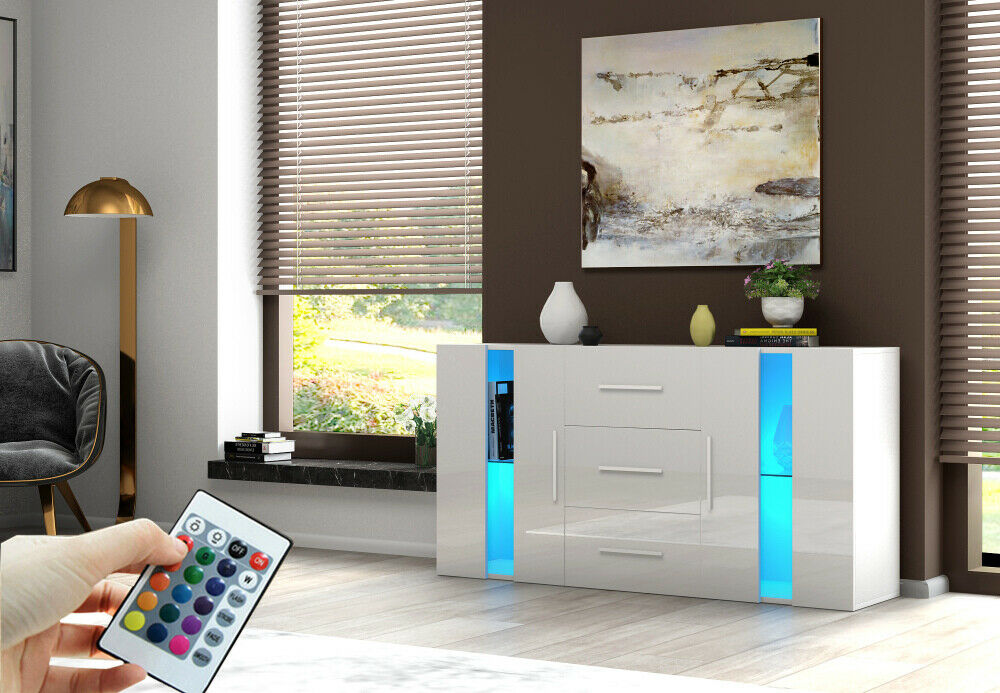 Sideboard Storage Cabinet Cupboards 3 Drawers 2 Doors TV Stand Unit LED Lights