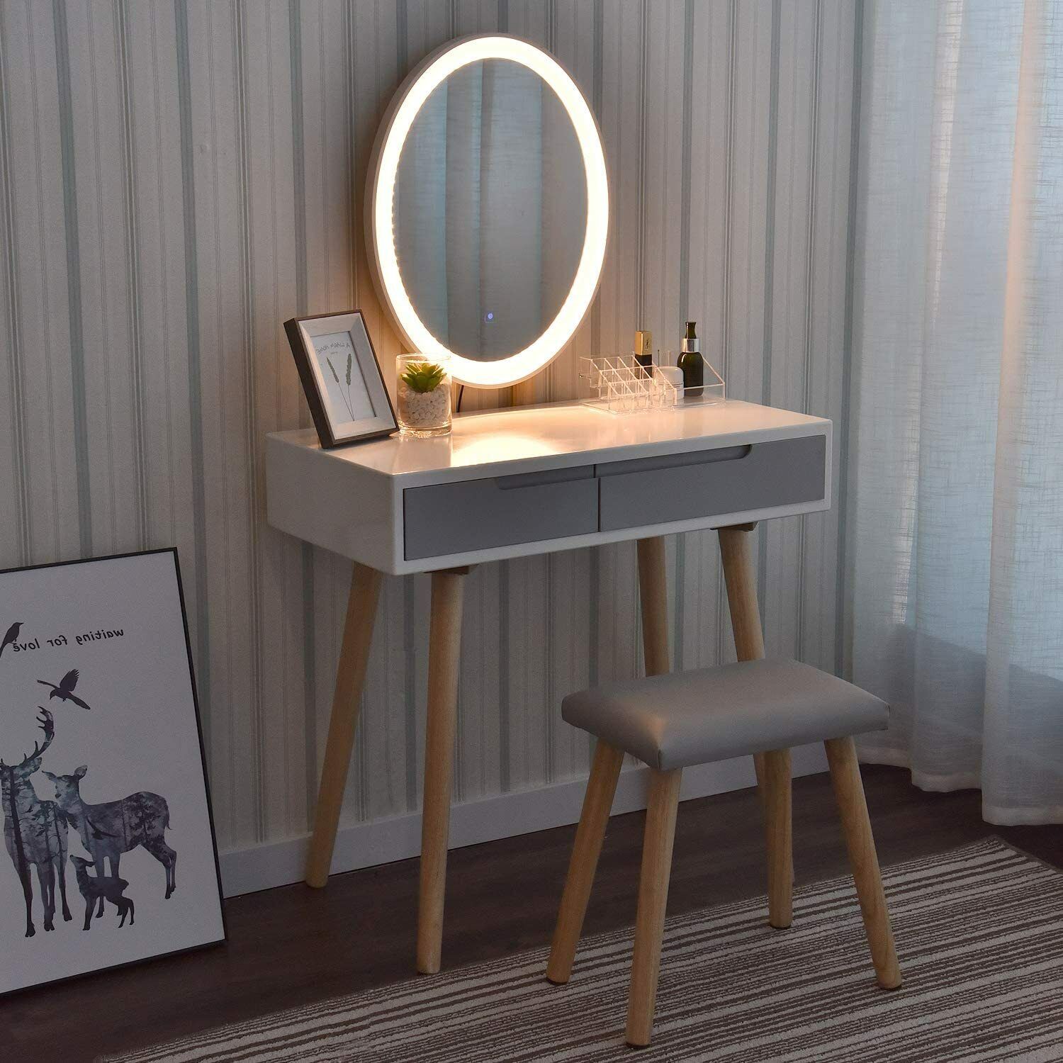 White Dressing Table Stool Set Makeup Vanity Unit LED Lighted Mirror w/Drawers
