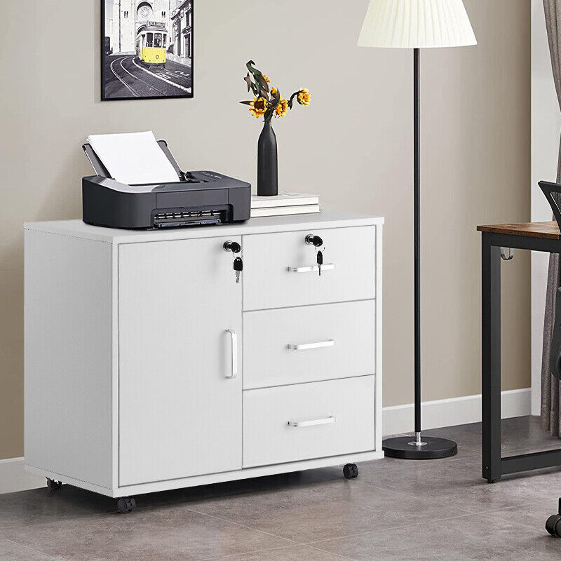 Rolling Wood Office Storage Cabinet Drawers Wheels File Cabinet Lockable Rolling