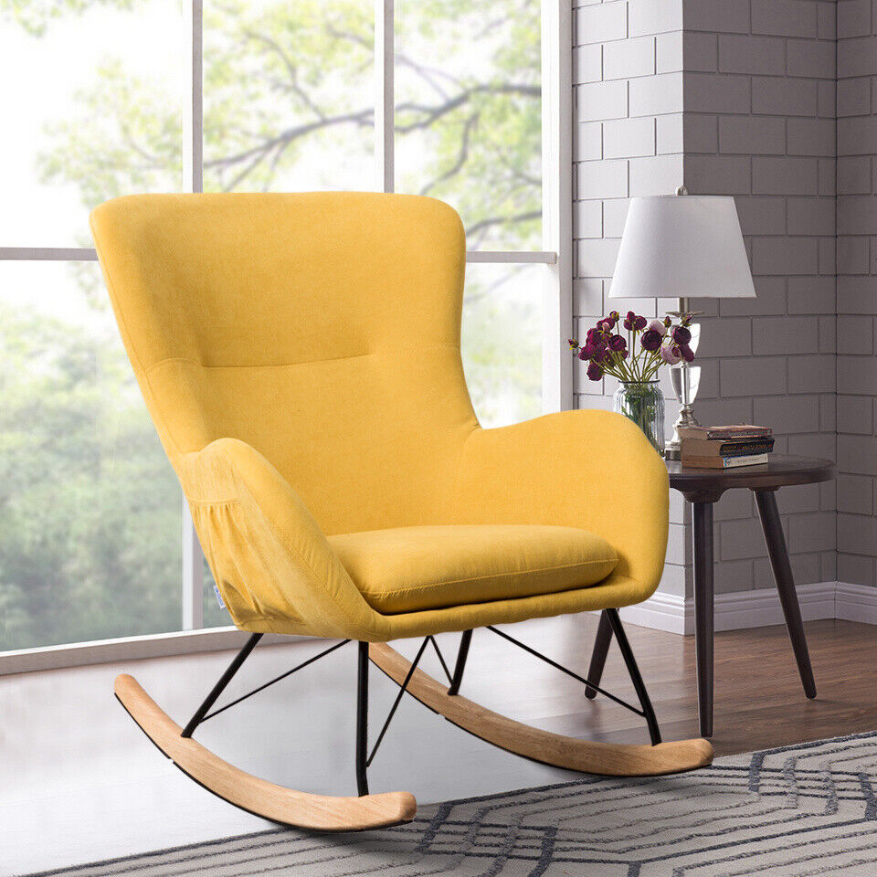 Wing Back Rocking Chair Tufted Upholstered Velvet Accent Nursery Rocker Chairs