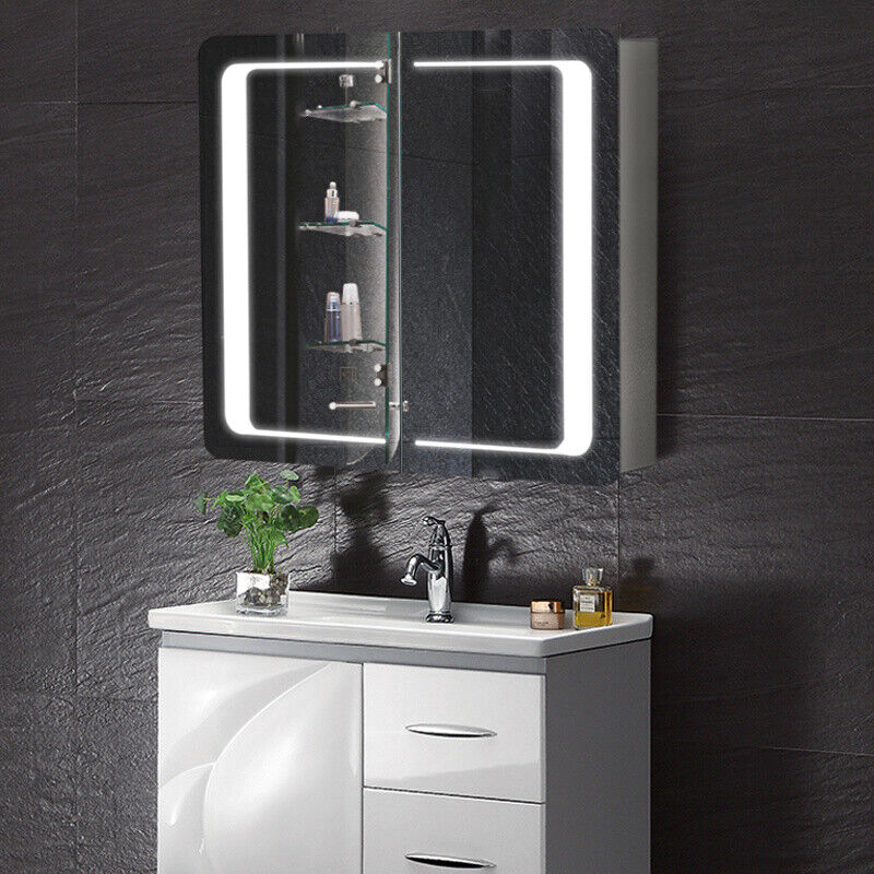 Bathroom Storage Mirror Cabinet Shelf White LED Wall Mirror with Demister Pad UK