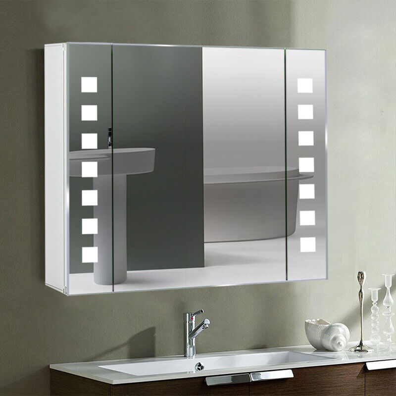 Bathroom Storage Mirror Cabinet Shelf White LED Wall Mirror with Demister Pad UK