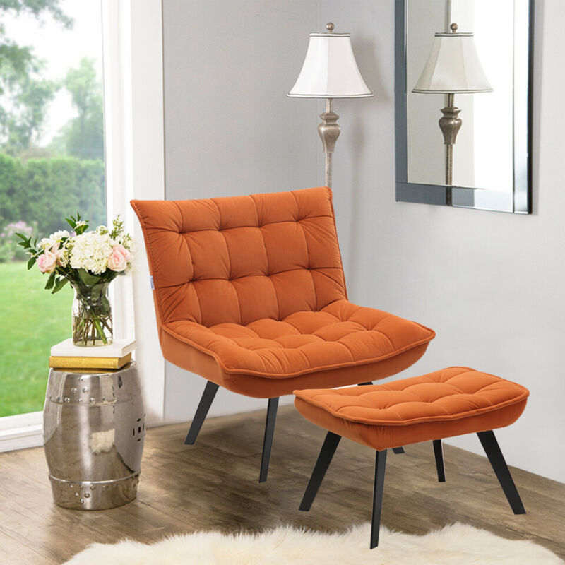 Upholstered Velvet Tufted Accent Chair Tub Armchair Lounge Sleep Sofa With Stool