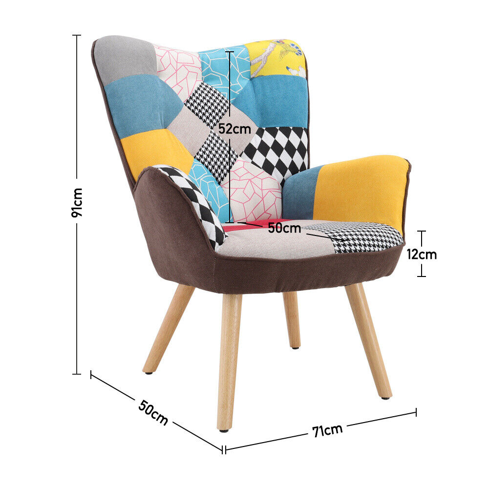 Upholstered Patchwork Armchair Padded Seat Wingback Chair Lounge Sofa Footstool