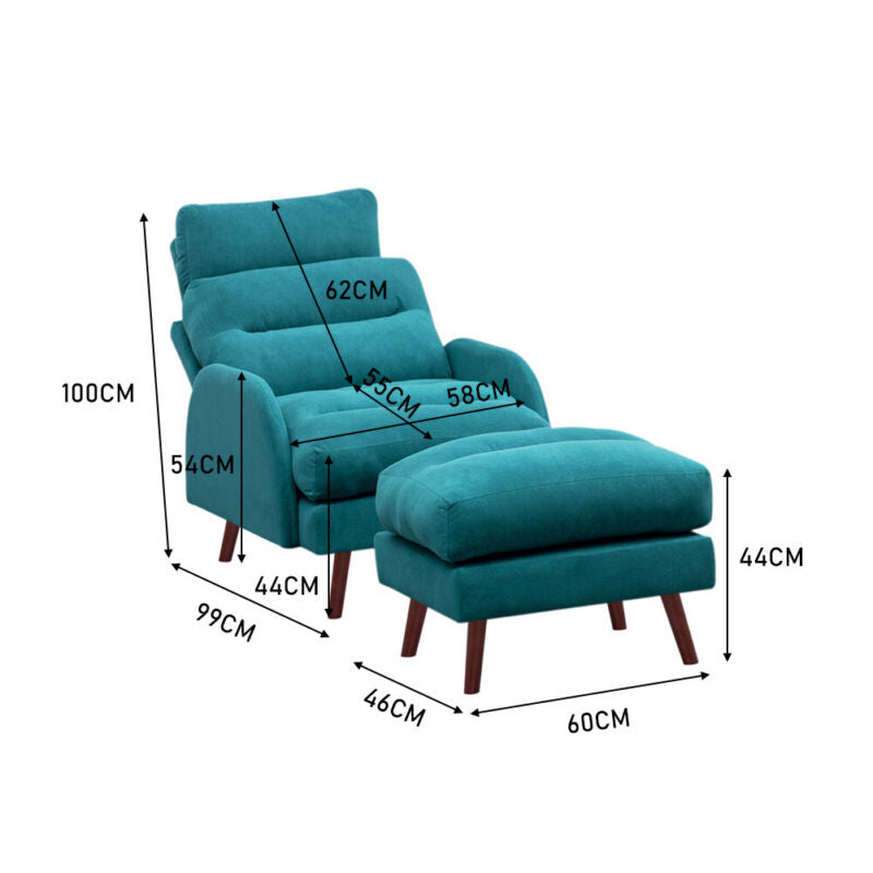 Upholstered Velvet Single Sleeper Sofa Recliner Home Cinema Armchair with Stool