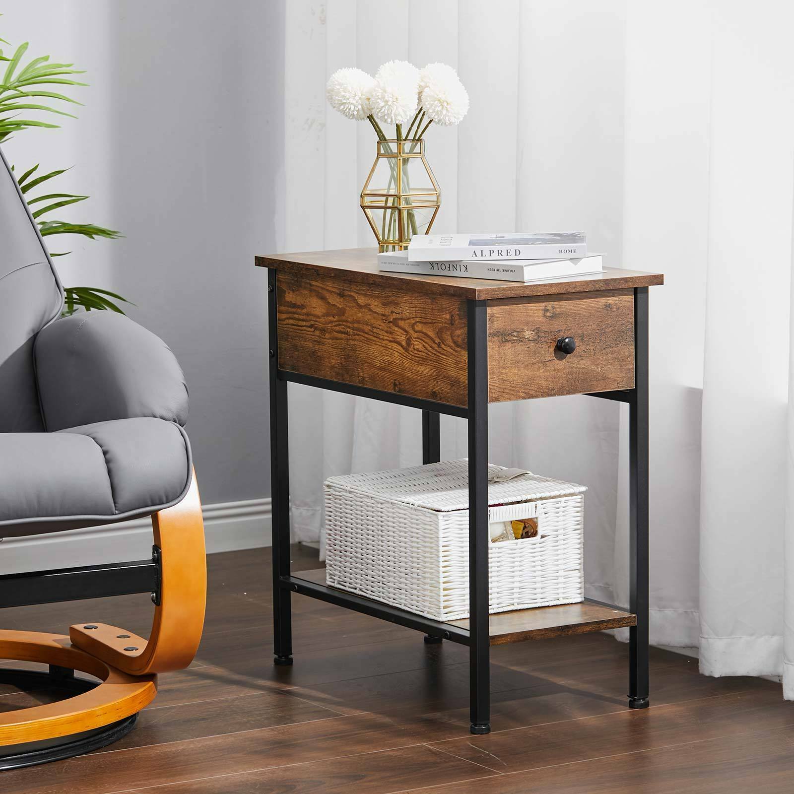 Narrow Side Table 2-Tier Console Desk with Drawer Wood Nightstand Open Shelf UK