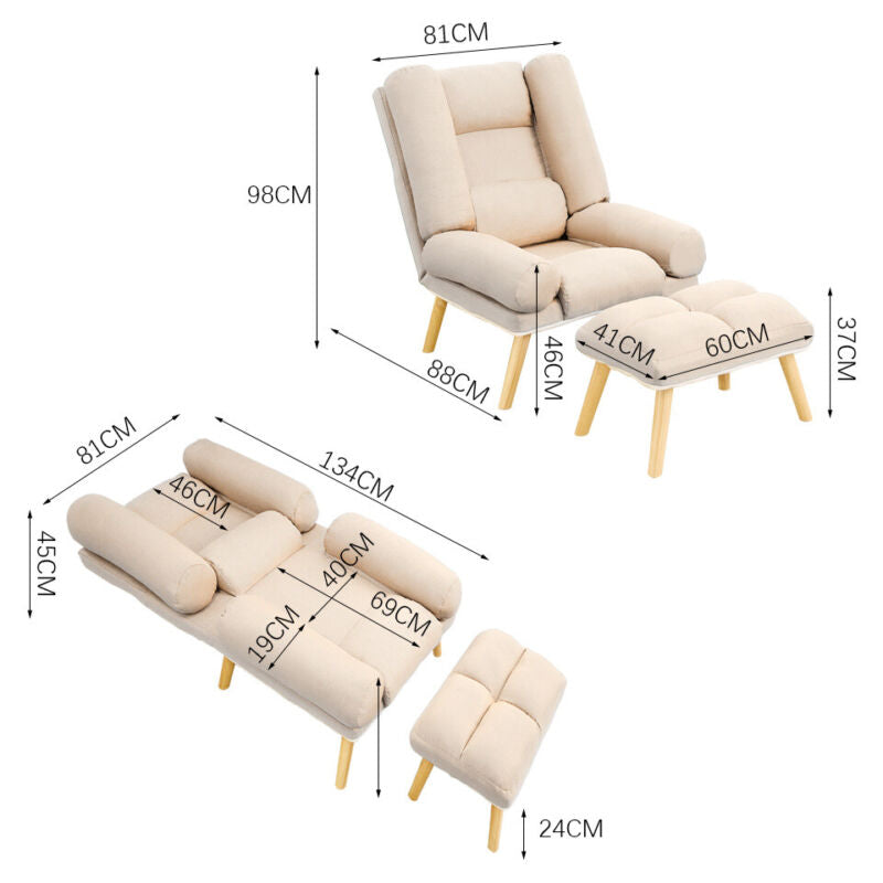 Upholstered Velvet Single Sleeper Sofa Recliner Home Cinema Armchair with Stool