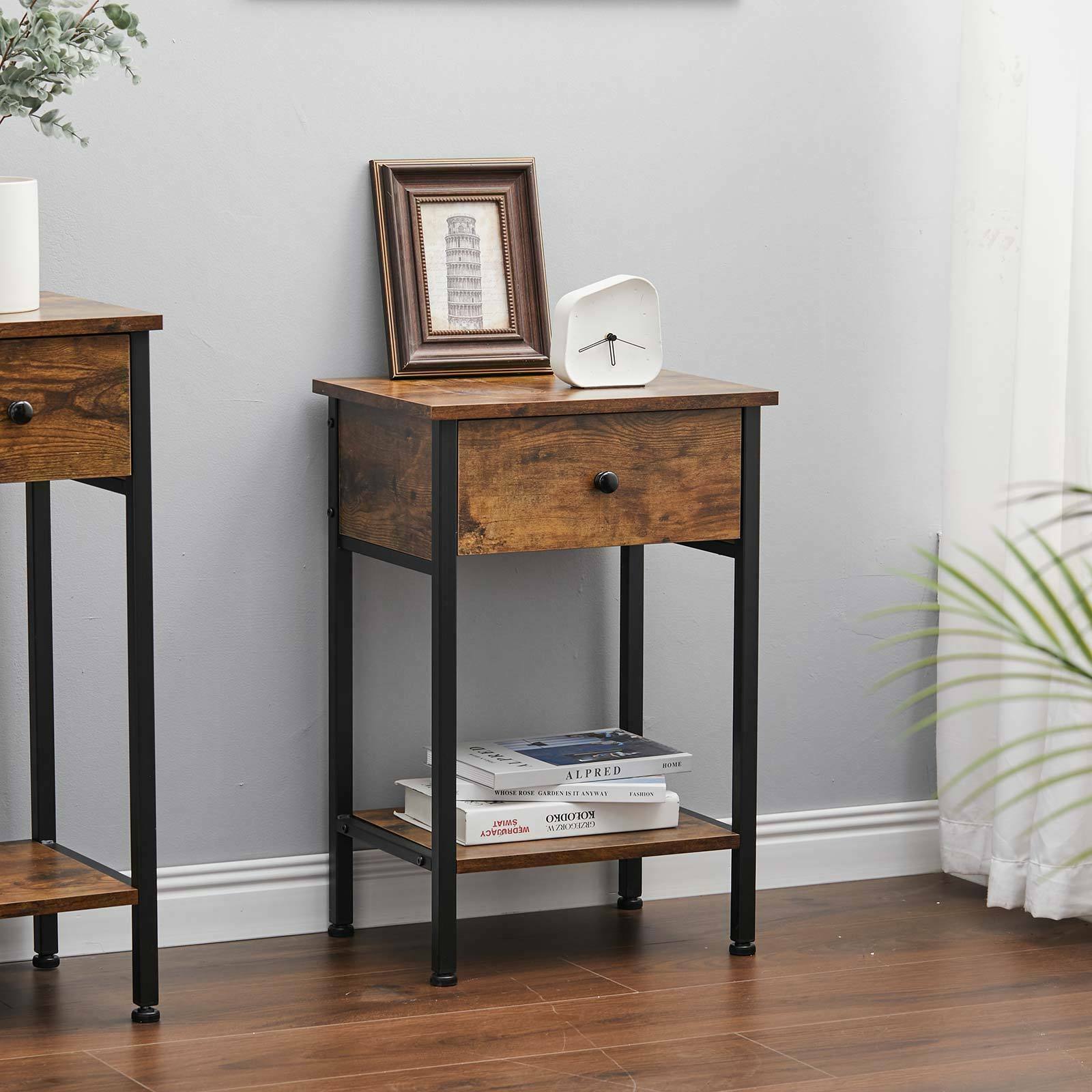 Narrow Side Table 2-Tier Console Desk with Drawer Wood Nightstand Open Shelf UK