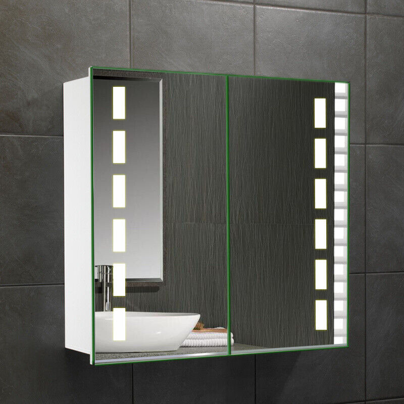 Bathroom Storage Mirror Cabinet Shelf White LED Wall Mirror with Demister Pad UK
