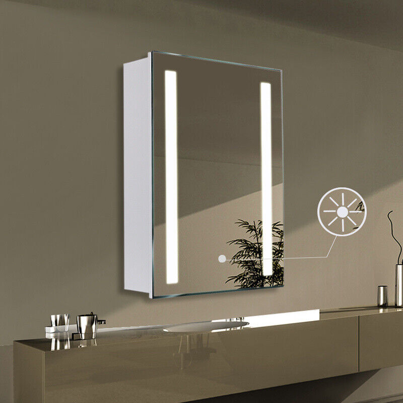 Bathroom Storage Mirror Cabinet Shelf White LED Wall Mirror with Demister Pad UK