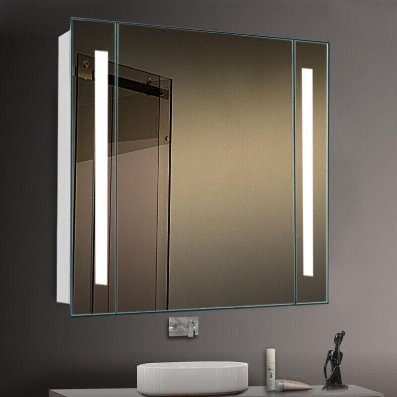 Bathroom Storage Mirror Cabinet Shelf White LED Wall Mirror with Demister Pad UK