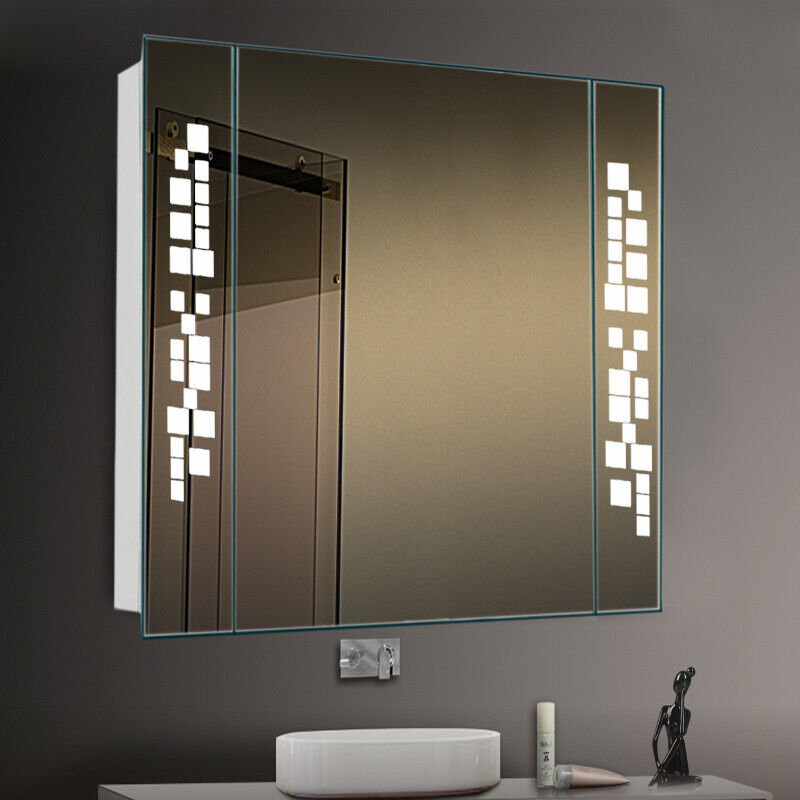Bathroom Storage Mirror Cabinet Shelf White LED Wall Mirror with Demister Pad UK