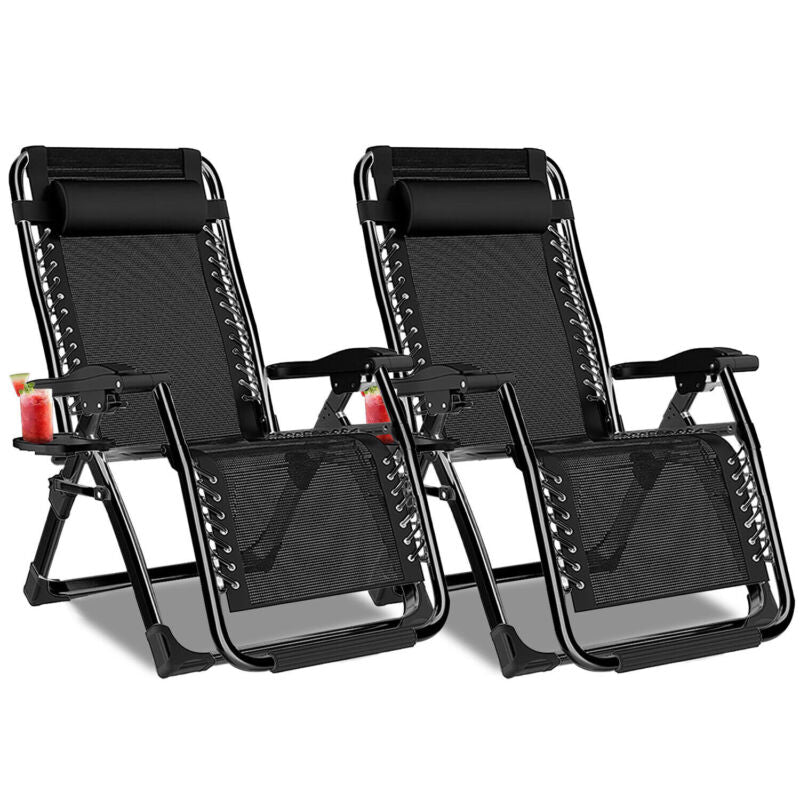 2X ZERO GRAVITY CHAIR OUTDOOR GARDEN FOLDING RECLINING SUN LOUNGER & CUP HOLDER