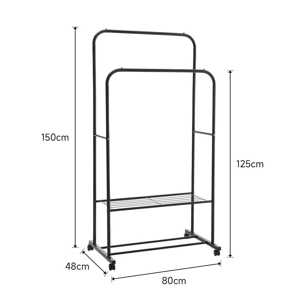 Mobile Double Clothes Hanging Rail w/ Storage Shelf Garment Shoes Display Stand
